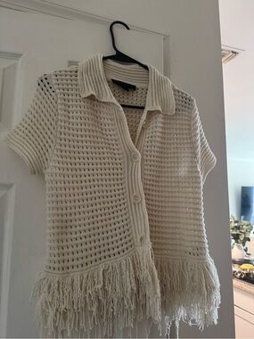 Zara Cream Open-Knit Fringe Short Sleeve Cardigan